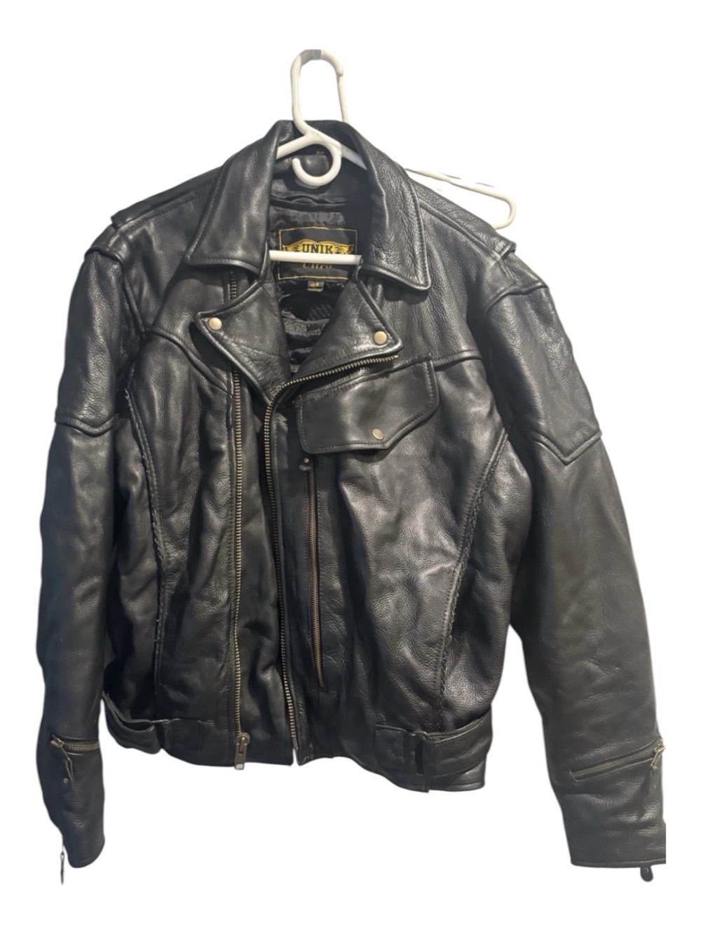 Unik Black Leather Bomber-Style Motorcycle Jacket